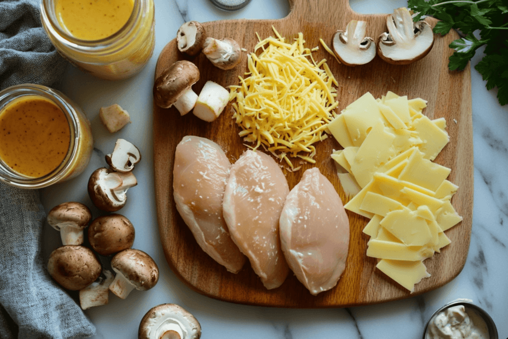 Key ingredients for Alice Springs Chicken, including raw chicken breasts, bacon, mushrooms, cheese, and honey mustard sauce