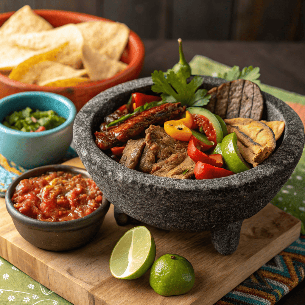 Molcajete dish served with tortillas and sides