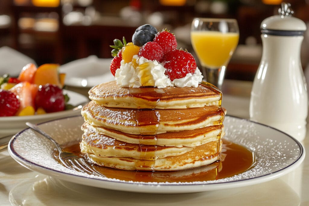 A stack of pancakes with syrup and an individual hotcake with butter.