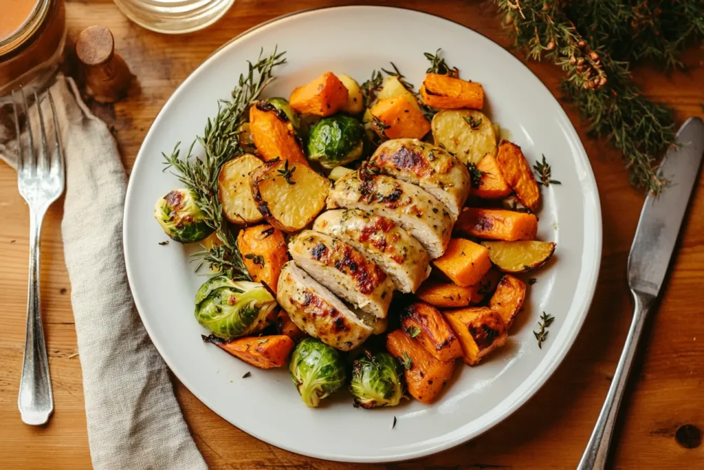 Chicken apple sausage served with roasted vegetables