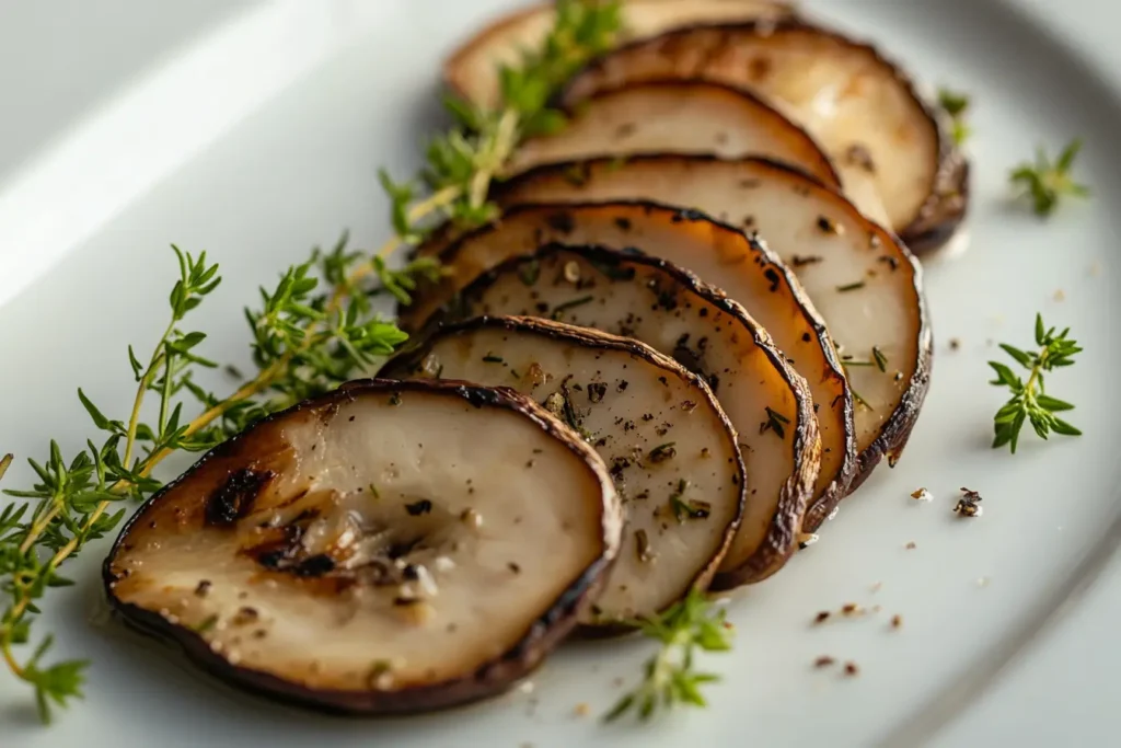 Grilled slices of King Oyster mushrooms served on a plate with fresh greens