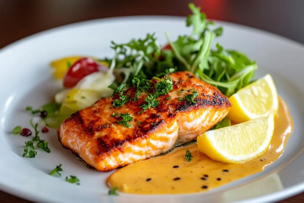 Salmon patties served with salad and lemon slices
