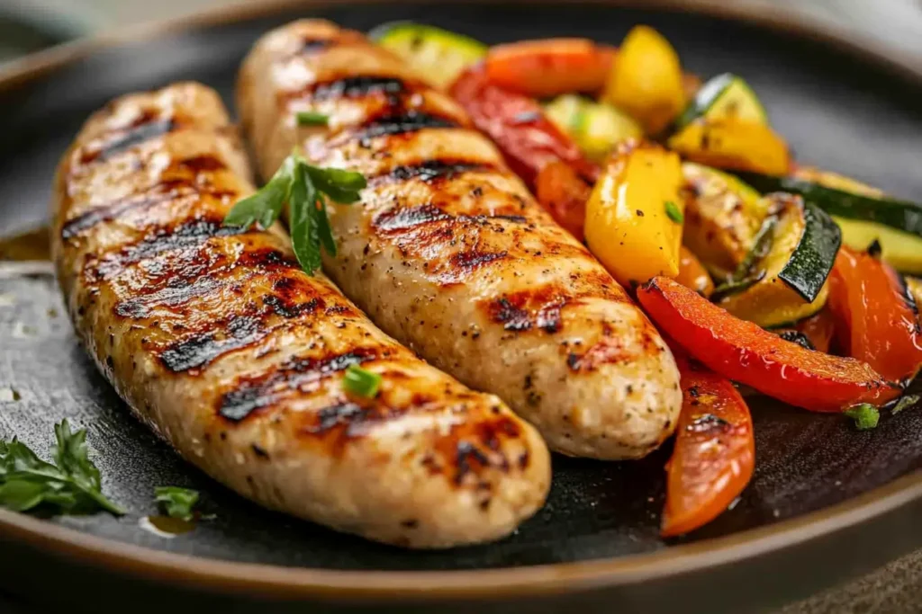 Cooked chicken apple sausage served with eggs and toast