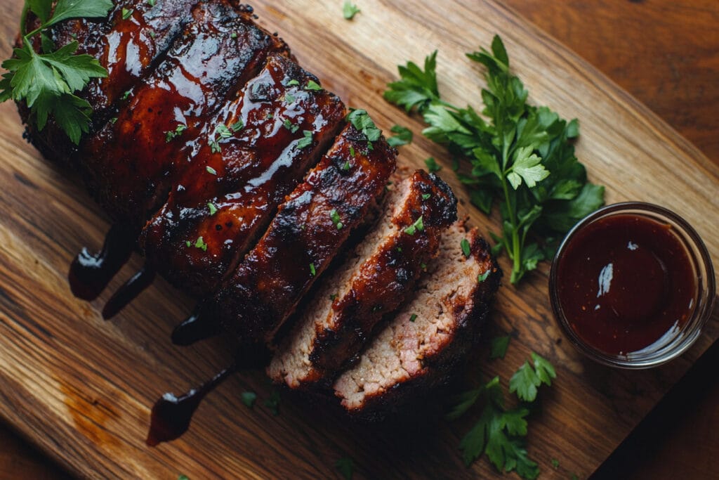 Raw meatloaf shaped and seasoned on a tray.
