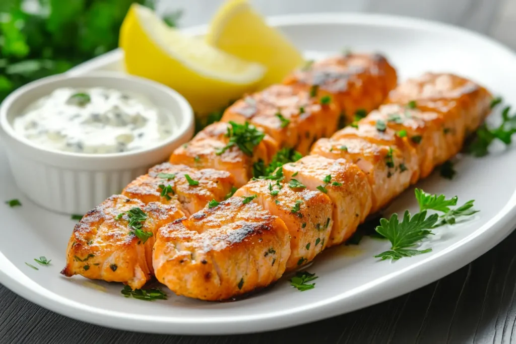 Plate of golden-brown salmon patties garnished with parsley