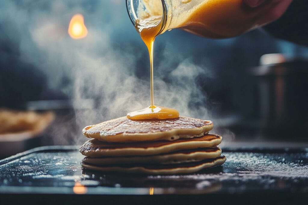 Batter being poured onto a griddle