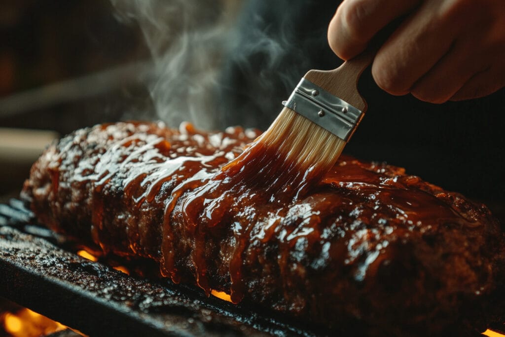 Applying glaze to smoked meatloaf