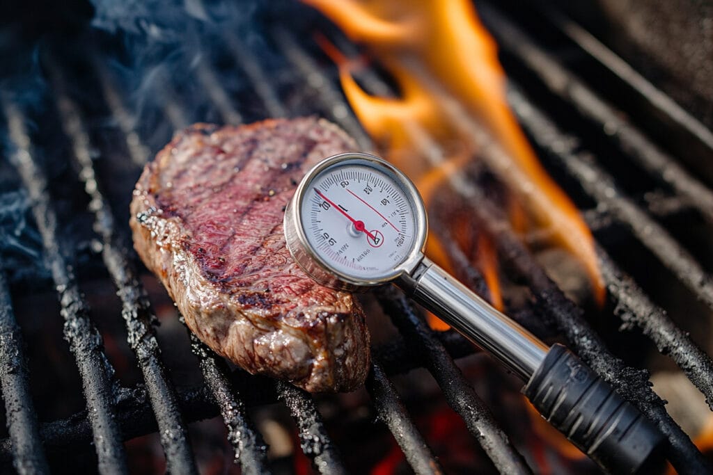 A meat thermometer checking the temperature of venison on a grill