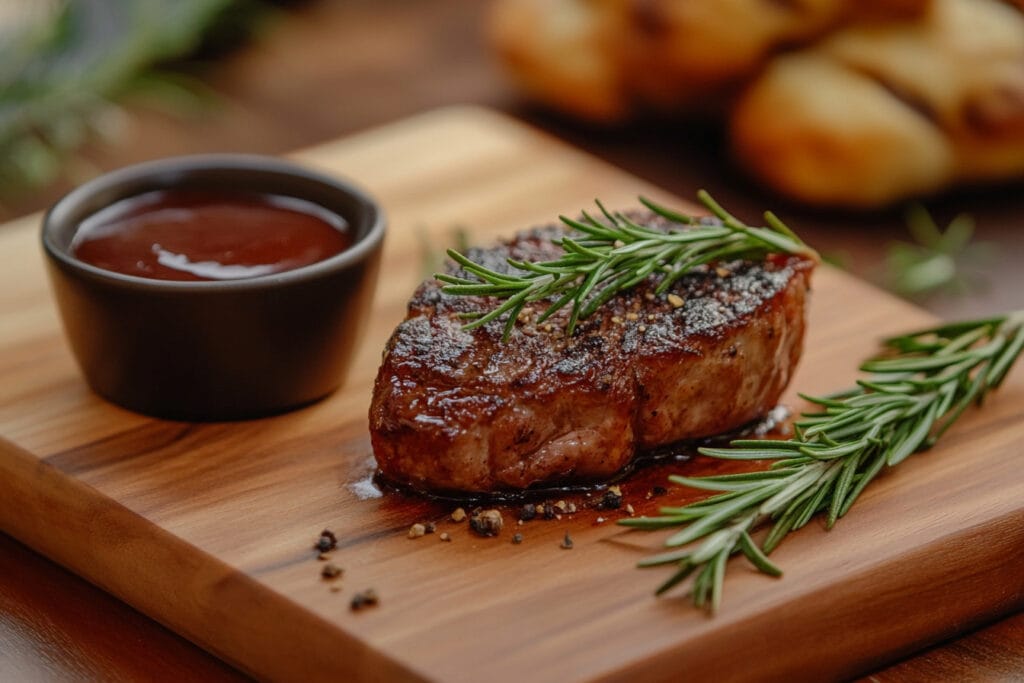 A close-up of a perfectly cooked venison steak on a wooden cutting board