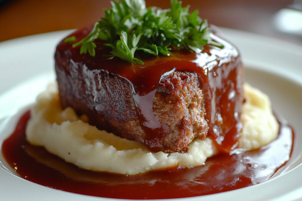 Meatloaf with ketchup glaze served on a white plate