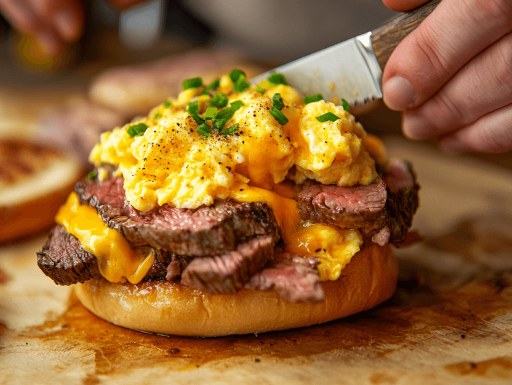 Assembling a steak, egg, and cheese bagel with layers of steak, eggs, and melted cheese