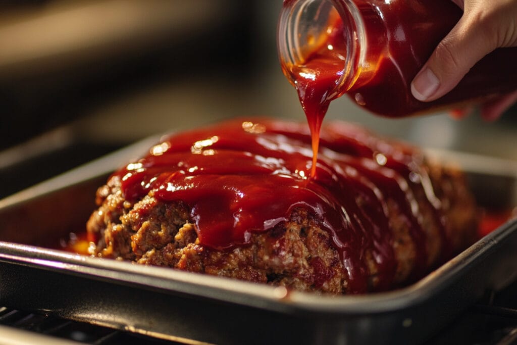 Ketchup bottle and a meatloaf being prepared