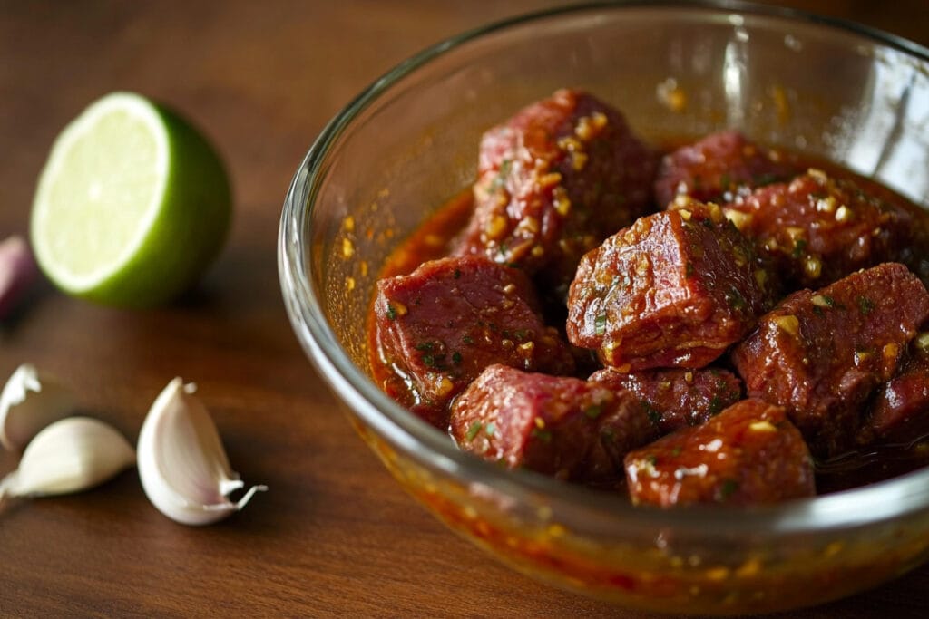 Chipotle steak marinating in a spicy sauce in a glass bowl