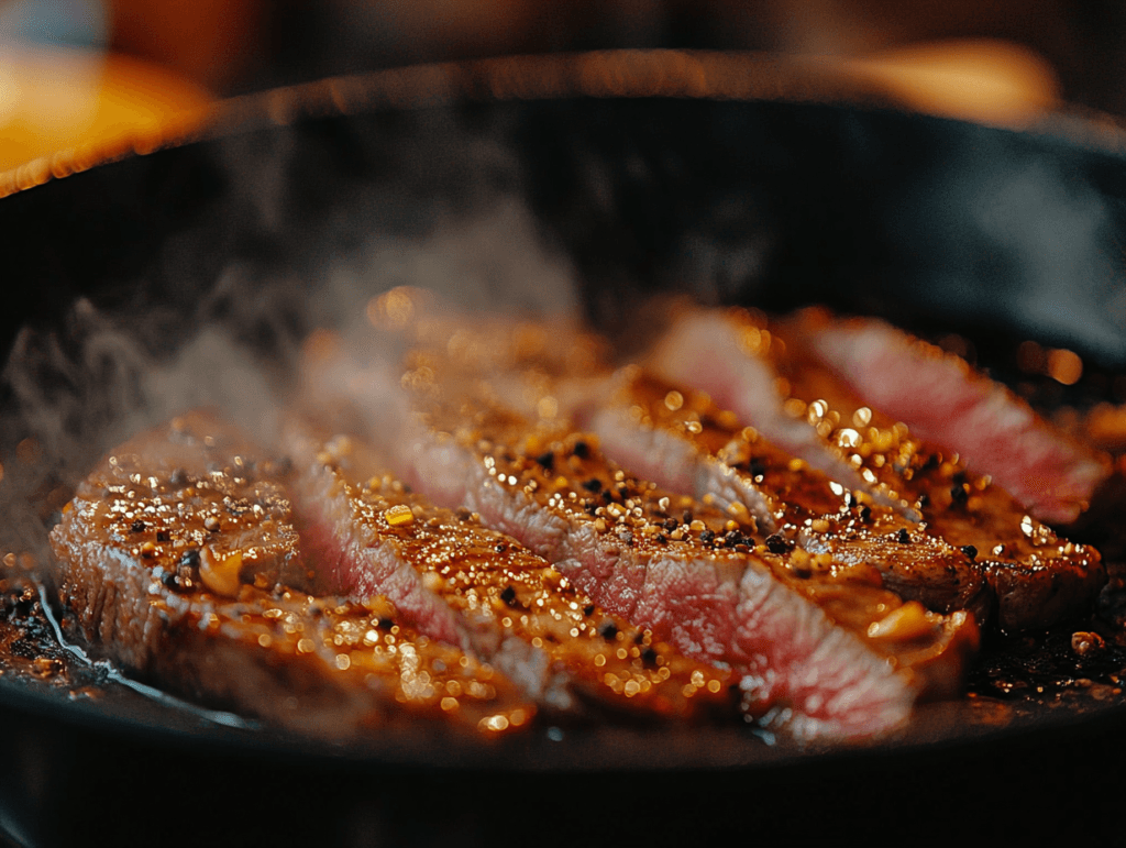 Sizzling steak slices in a skillet with seasonings