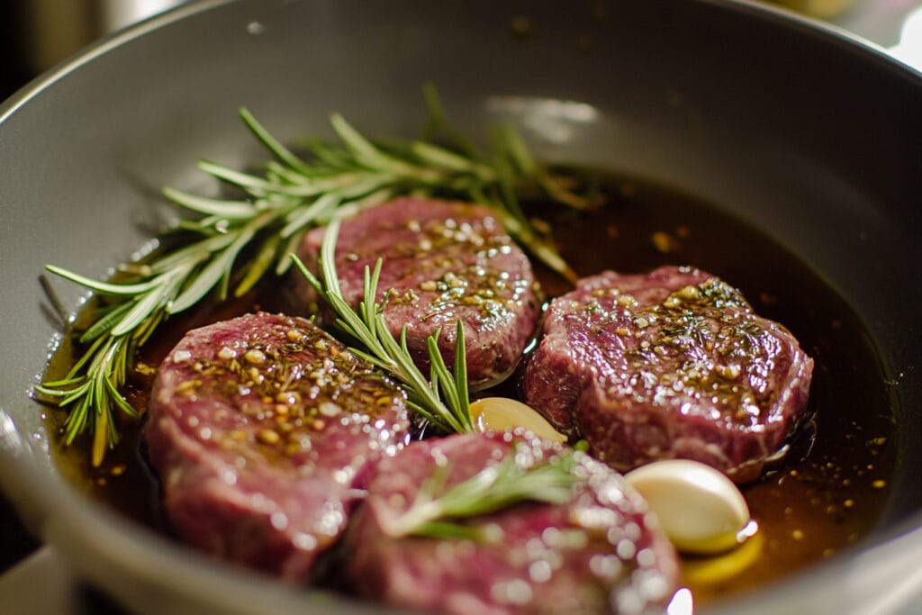 A chef marinating venison steaks in a bowl