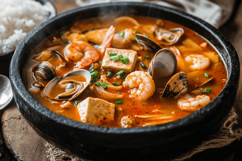 Close-up of Sundubu jjigae in a stone pot with soft tofu and seafood
