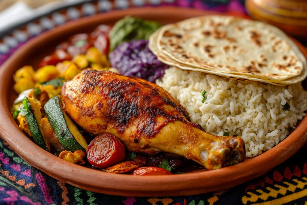 A plate of Pollo Asado with crispy golden-brown skin and vibrant sides