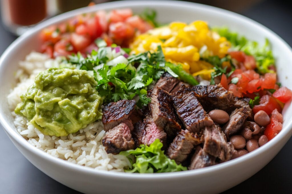 A Chipotle burrito bowl with steak and toppings