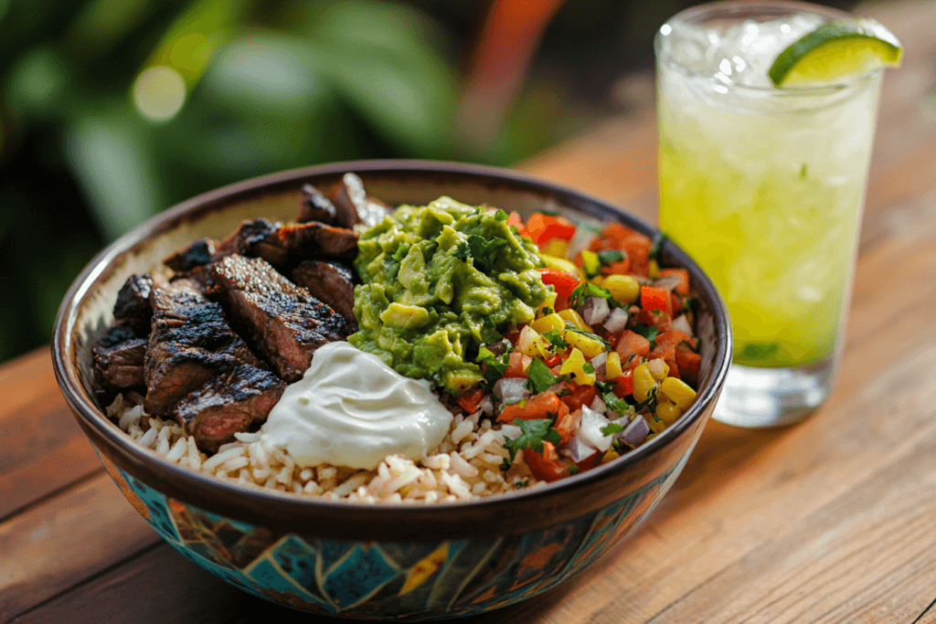 A plate of Chipotle steak served with rice, beans, and toppings