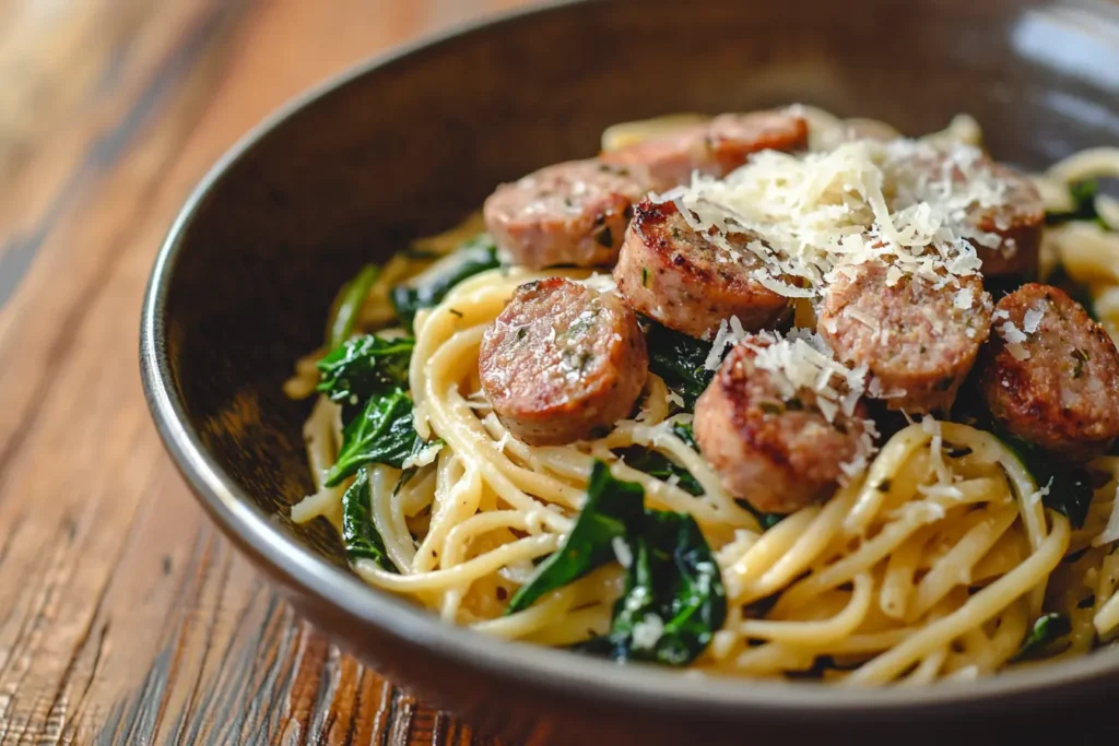 Chicken apple sausage pasta with spinach and Parmesan