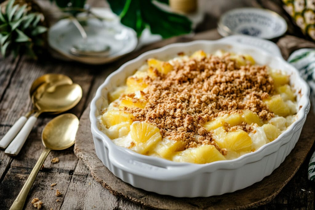 A beautifully baked pineapple casserole in a ceramic dish, with a golden cracker topping