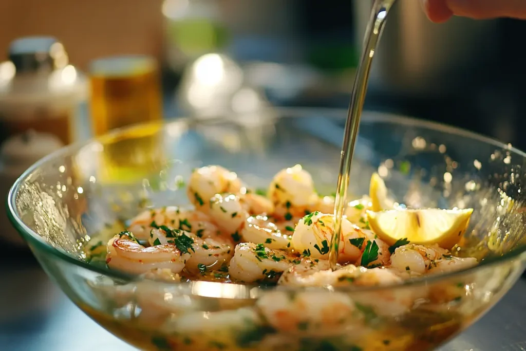 Shrimp being marinated in a bowl with garlic and lemon