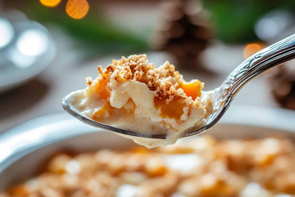A close-up of a spoon scooping creamy sweet potato casserole