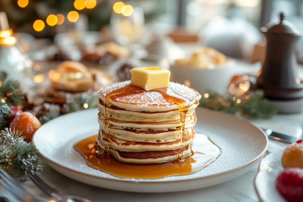 A stack of fluffy homemade hotcakes topped with butter and syrup