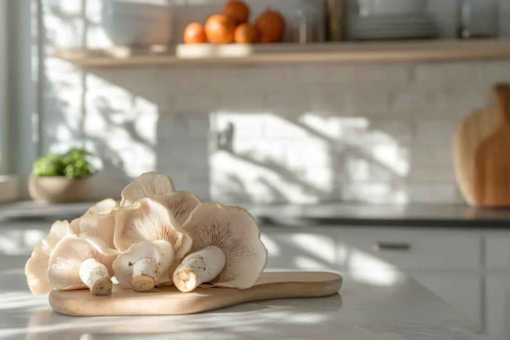 A bundle of King Oyster mushrooms placed on a kitchen counter