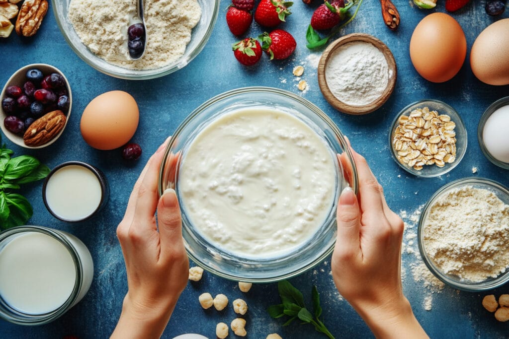 A cook preparing hotcake batter with ingredients like milk and eggs