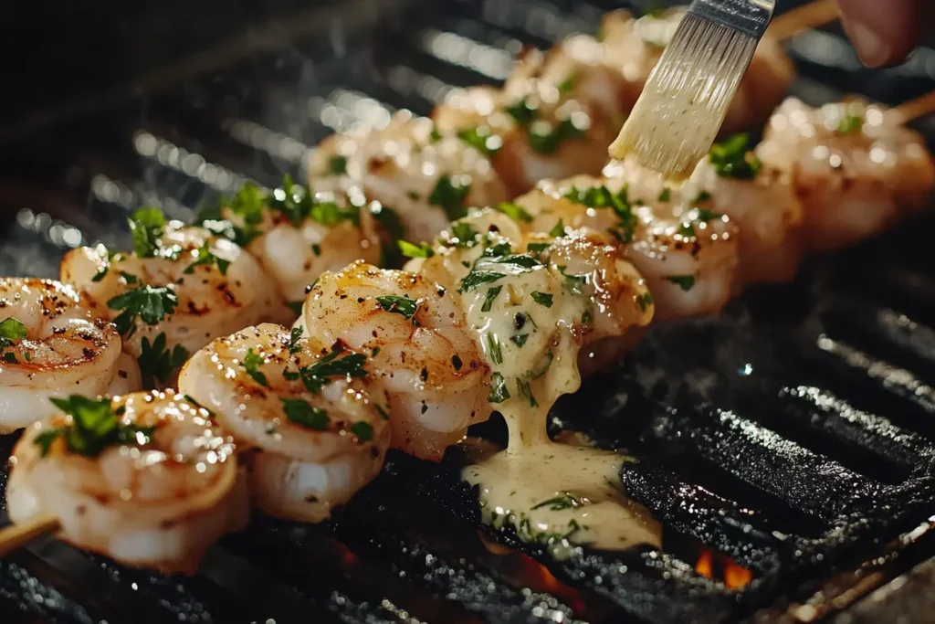 Shrimp being basted with garlic butter on the grill
