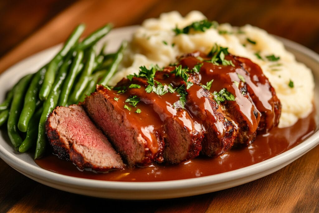 Smoked meatloaf served with mashed potatoes