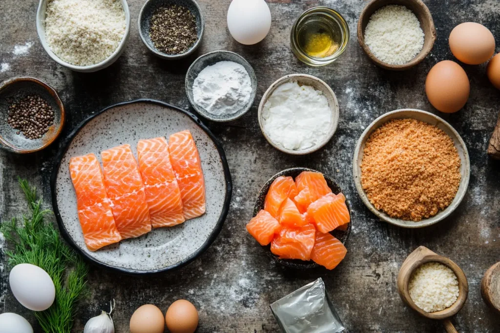 Ingredients for salmon patties arranged on a wooden table