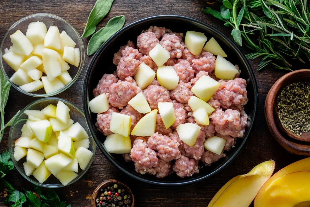 Ingredients for chicken apple sausage including chicken, apples, and spices