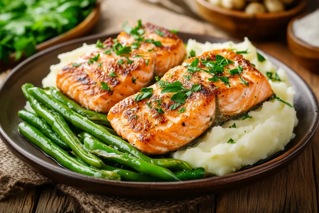 Salmon patties served with mashed potatoes and green beans