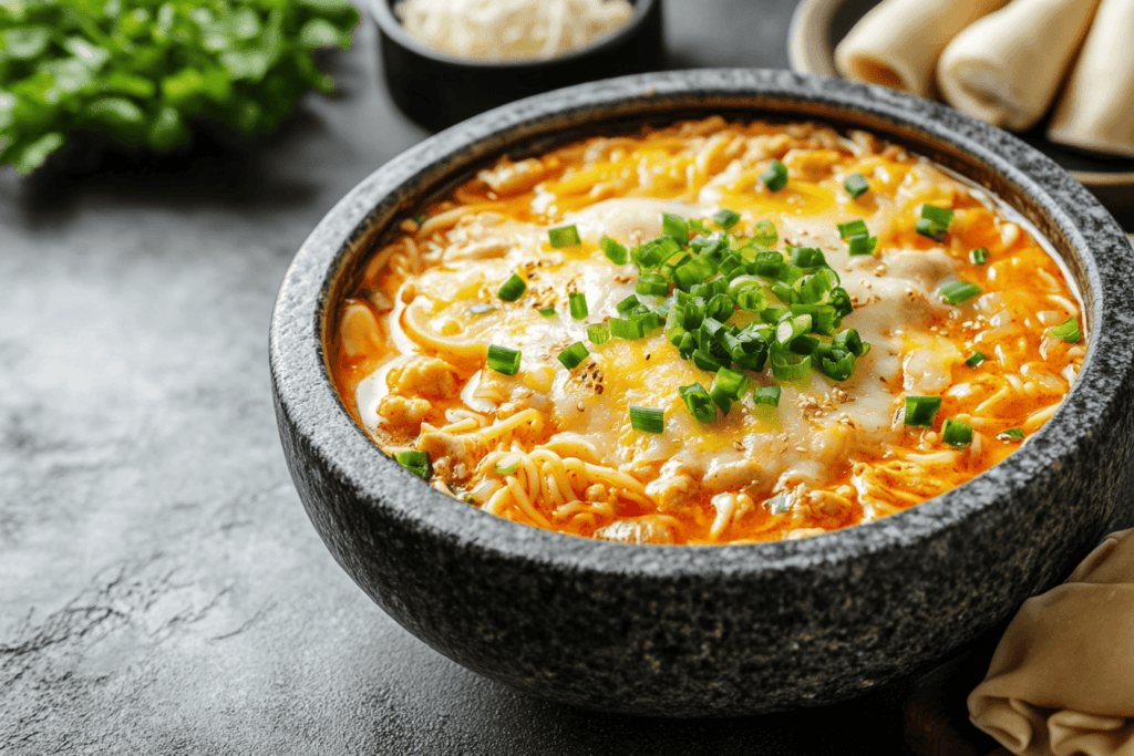 Sundubu-jjigae with ramen noodles and cheese