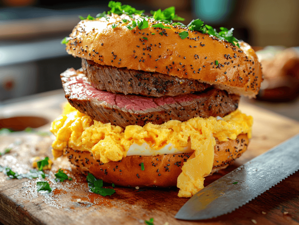 A gourmet steak, egg, and cheese bagel with melted cheddar on a wooden cutting board
