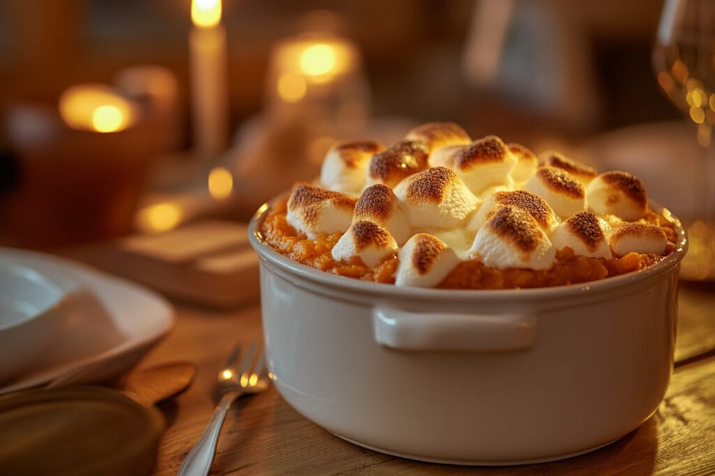 A freshly baked sweet potato casserole with marshmallows on top