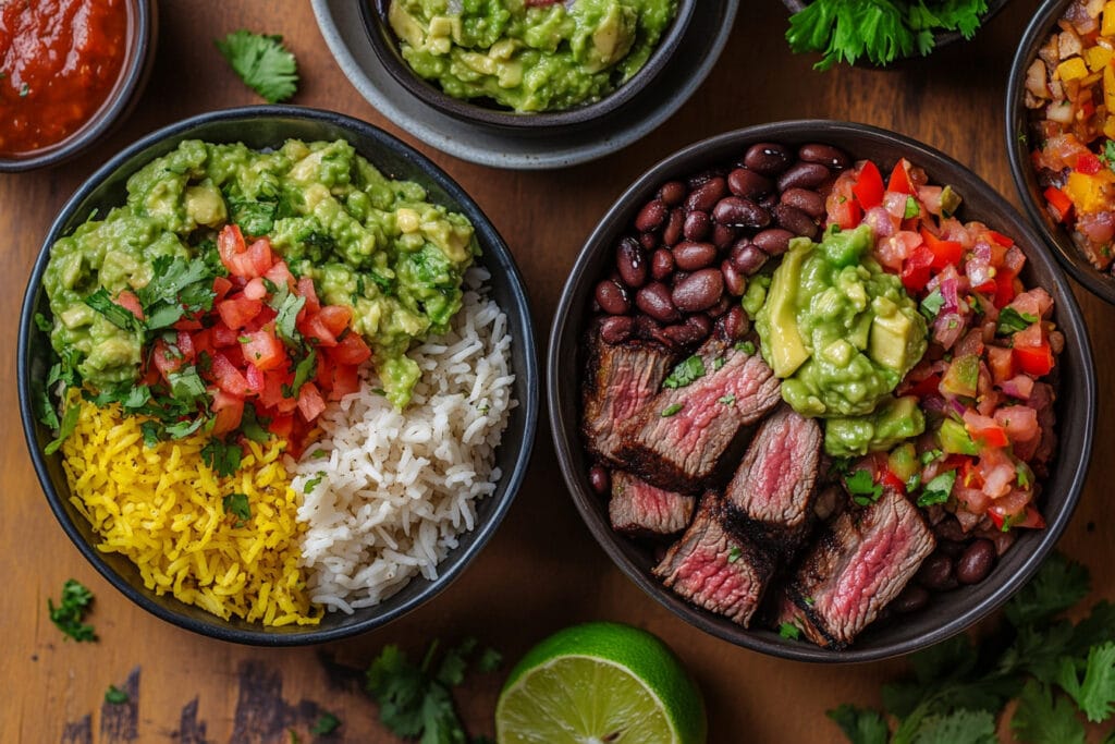 A side-by-side comparison of Chipotle steak and carne asada in a bowl