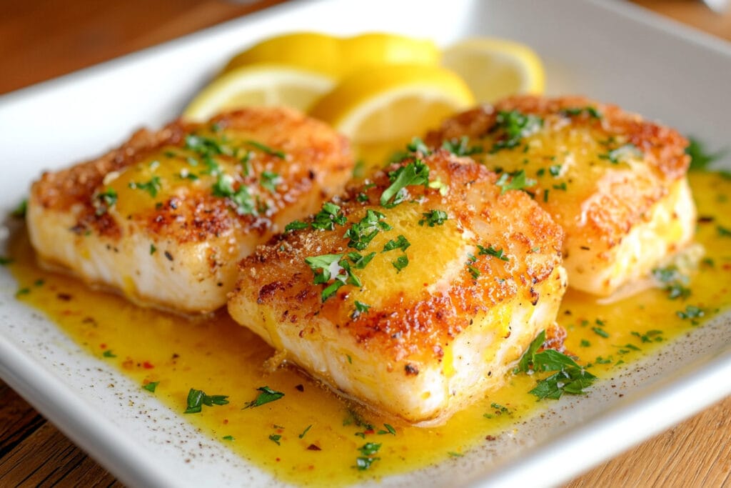 A beautifully plated dish of pan-seared rockfish with lemon butter sauce