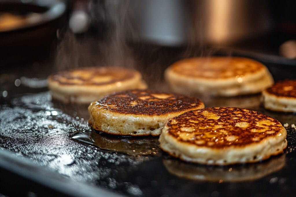 Hotcakes cooking on a griddle