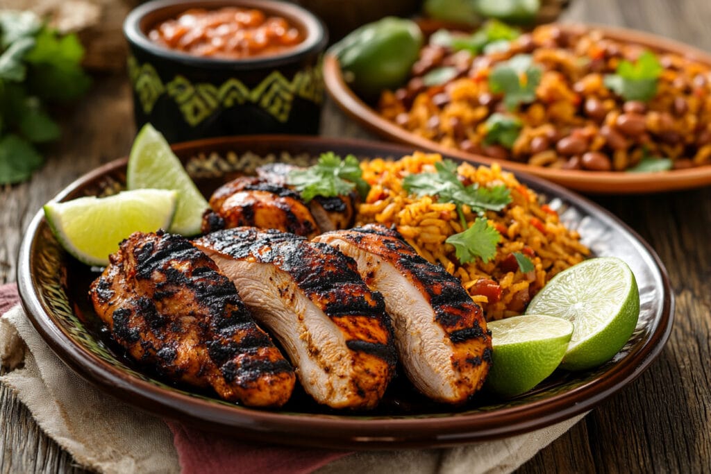 A grilled Pollo Asada dish and a roasted Pollo Asado dish side by side with vibrant seasonings