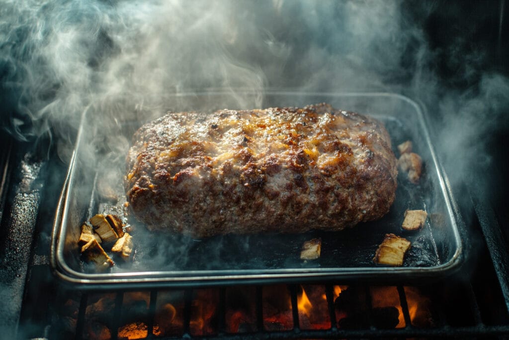 Meatloaf inside a smoker with smoke swirling around