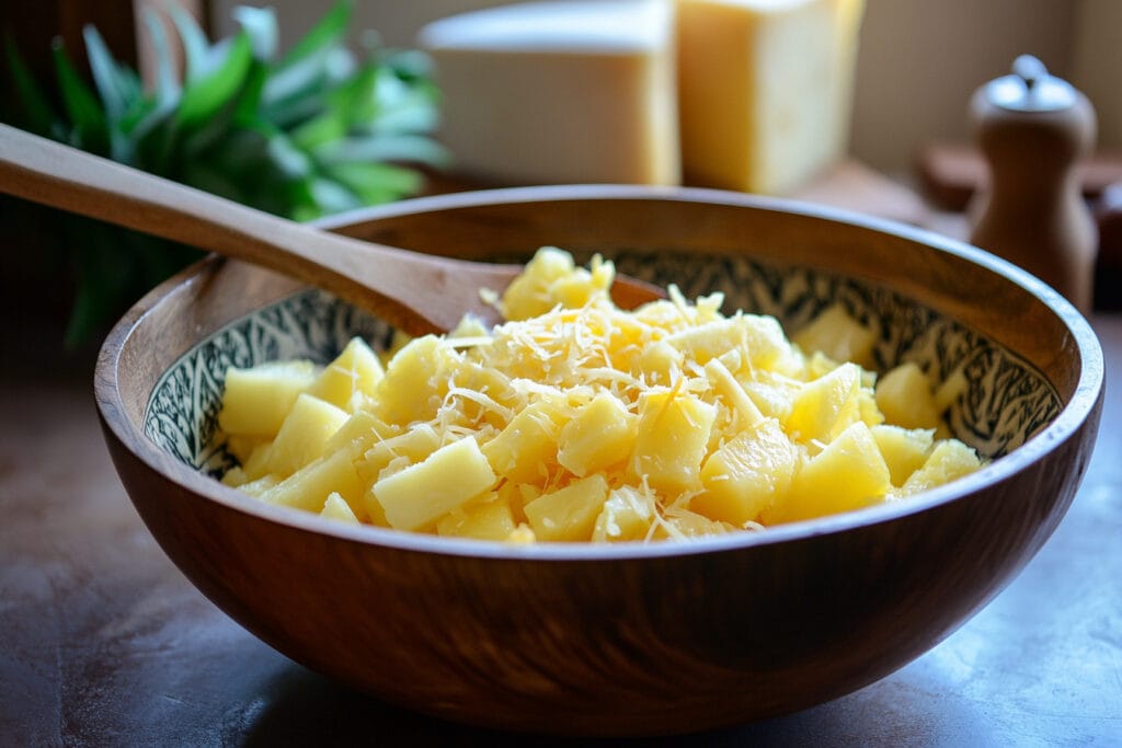 Mixing pineapple, cheese, and sugar in a bowl for pineapple casserole preparation.