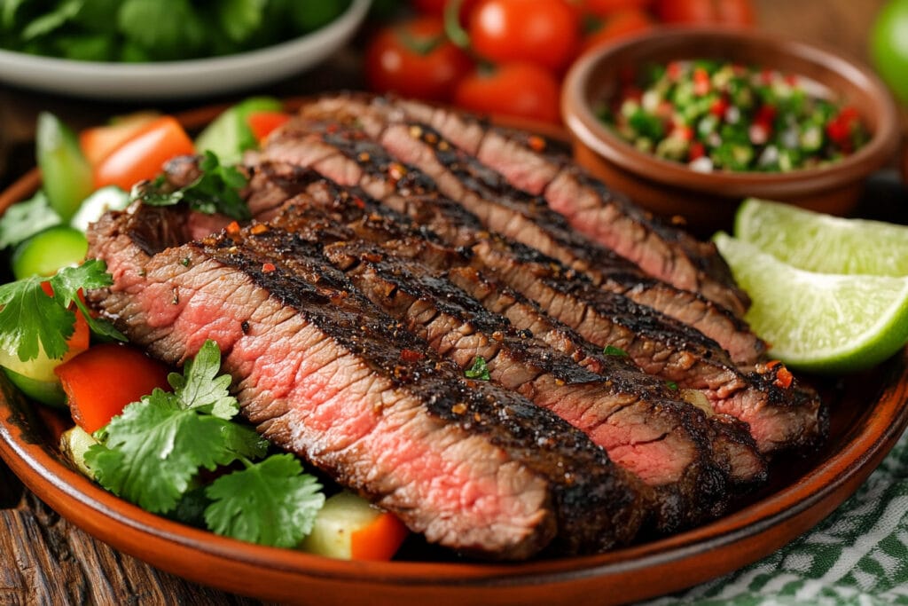 A plate with sliced Chipotle steak, garnished with vegetables