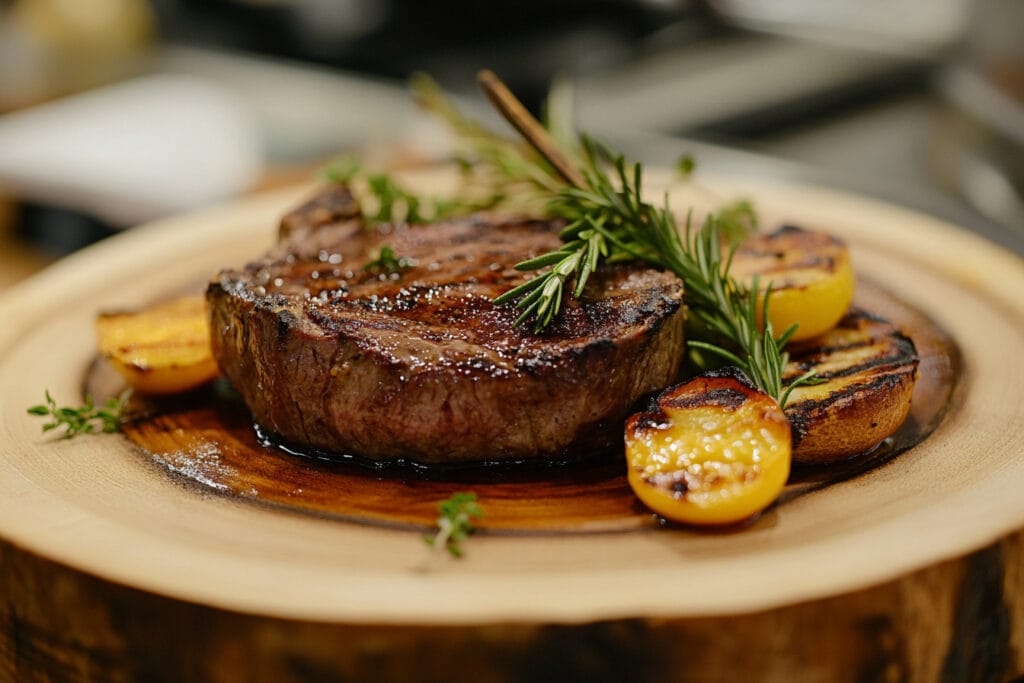 Grilled venison steak on a wooden plate with garnishes.