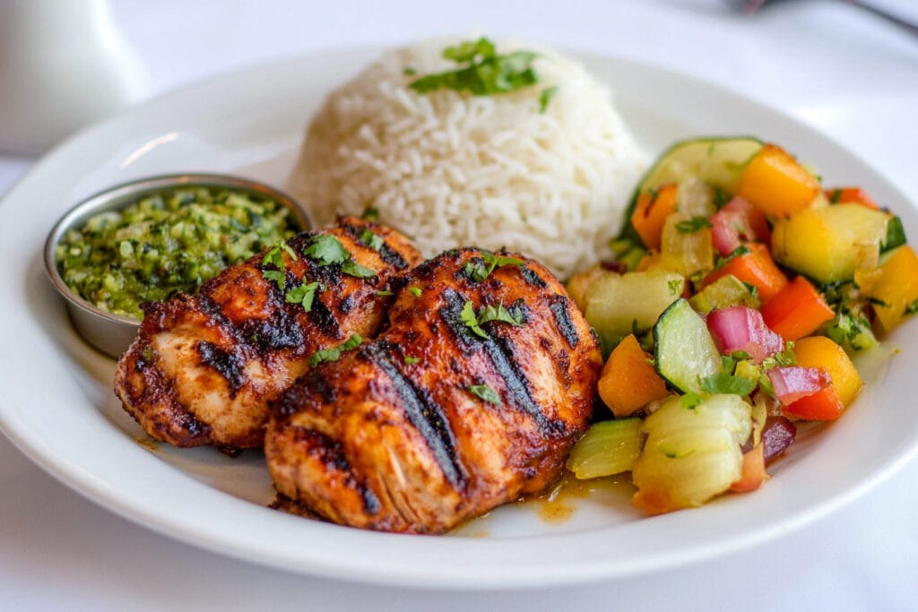 A healthy plate of Pollo Asado with rice and vegetables