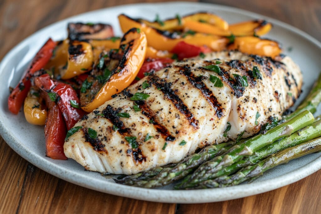 Grilled rockfish fillets with garlic marinade and charred vegetables