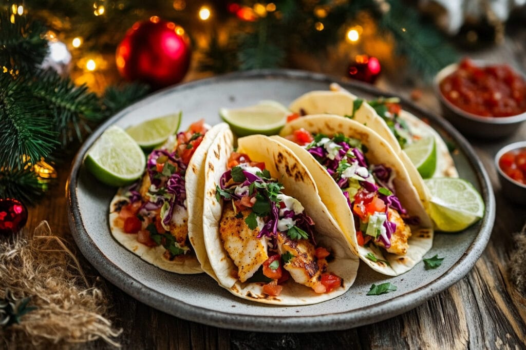 Delicious rockfish tacos served with spicy slaw and lime wedges