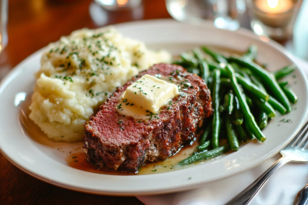A plated smoked meatloaf with sides of mashed potatoes and green beans.